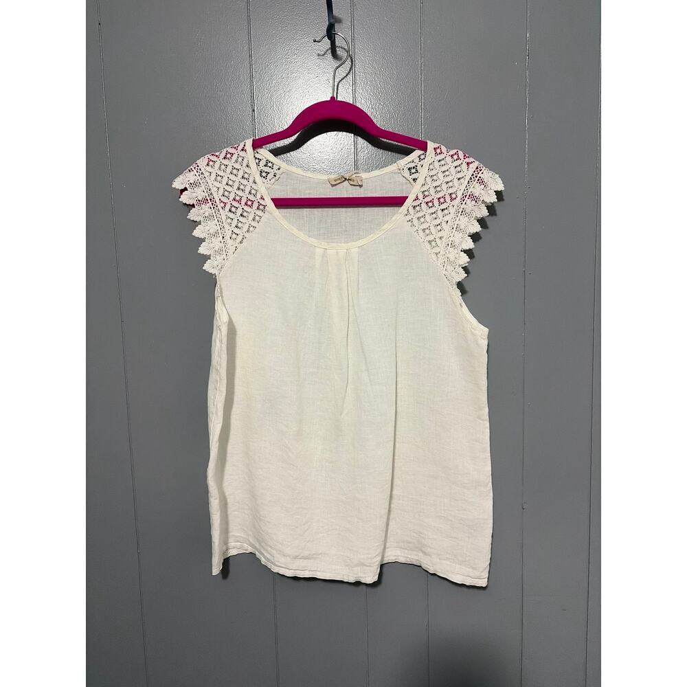 Sunflower Made in Italy White Crochet Sleeves Linen Relaxed Fit Boho Top S